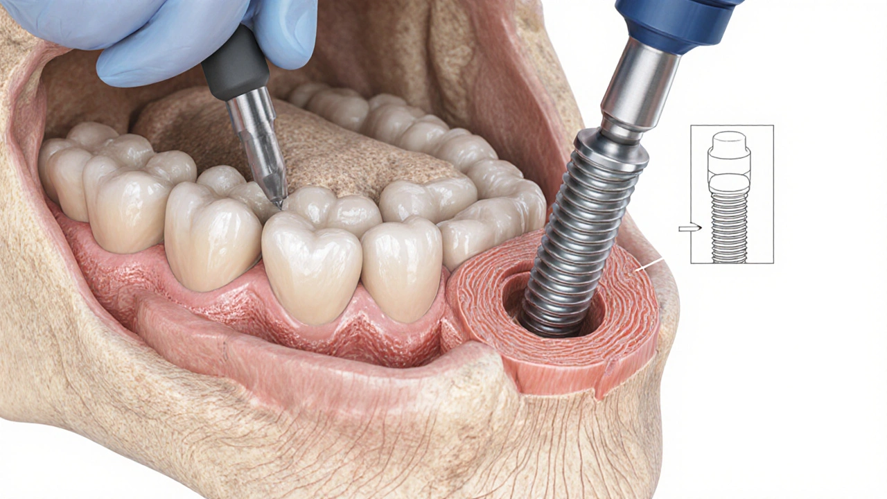 Chirurg zavádí endosteální implantát do čelisti pod lokální anestezií.