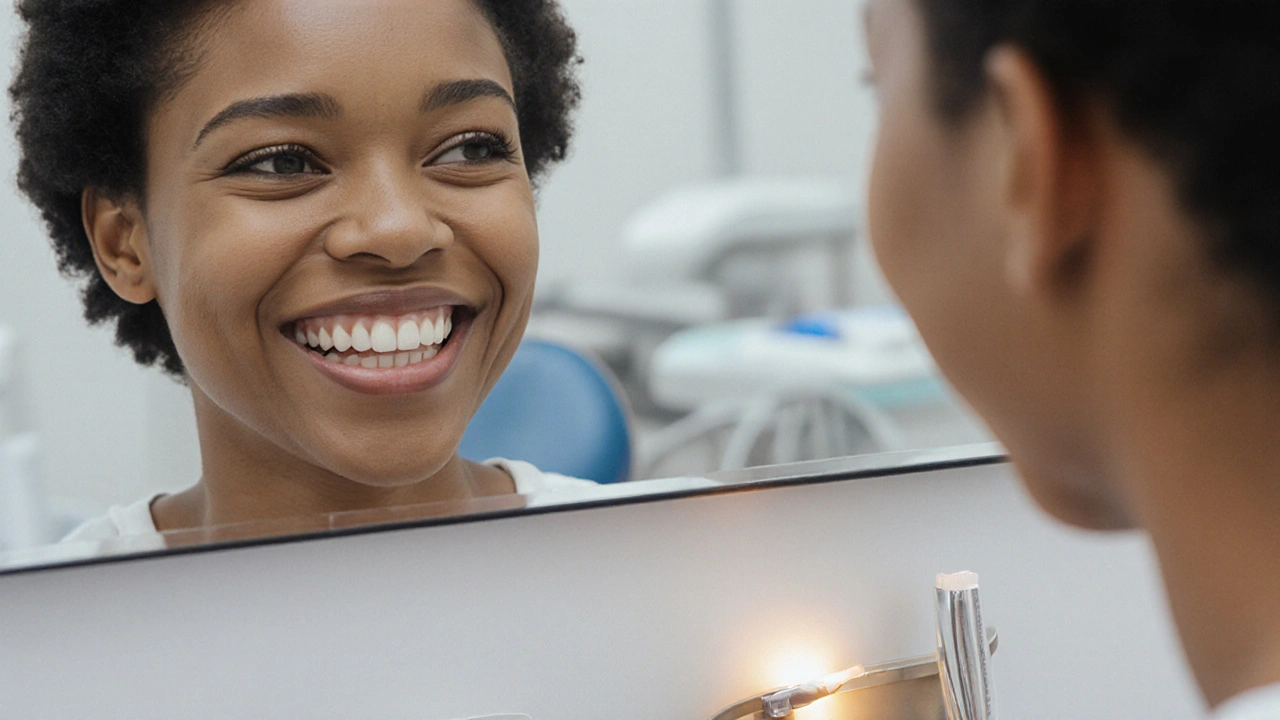 Člověk se dívá do zrcadla, jeho zuby jsou průhledné na okrajích, zatímco v odrazu vypadají zdravě.