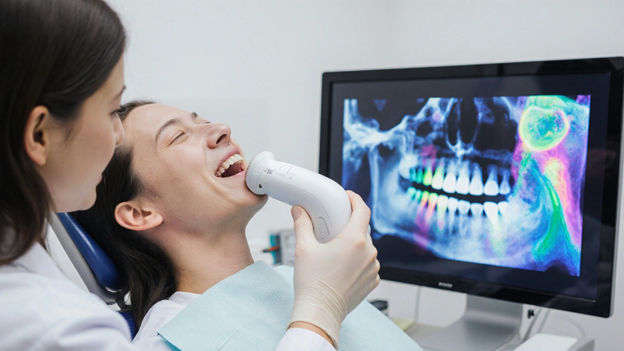 Dentální klinika, pacient s 3D skenerem a zobrazením čelistí na monitoru.
