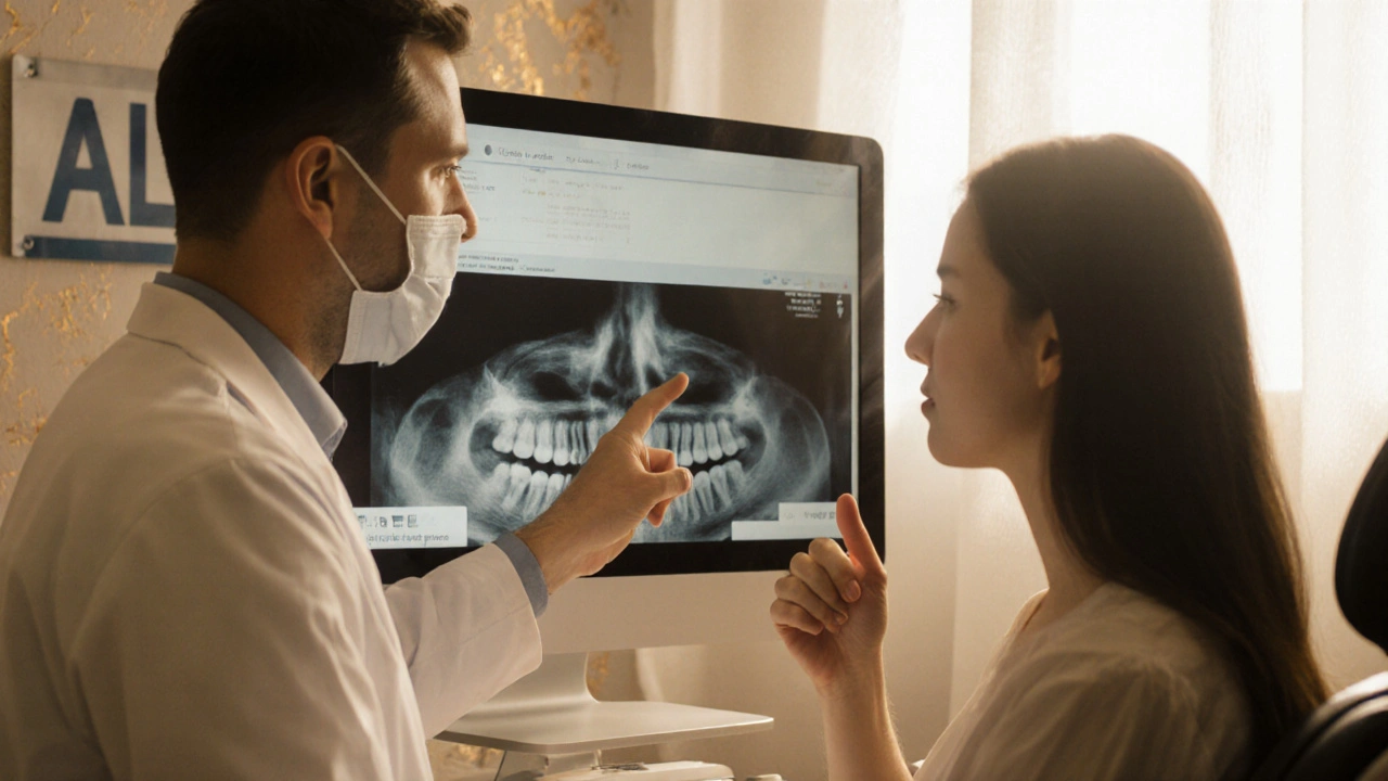 Dentista a pacient probírají digitální snímek, sluneční světlo vytváří uklidňující atmosféru.