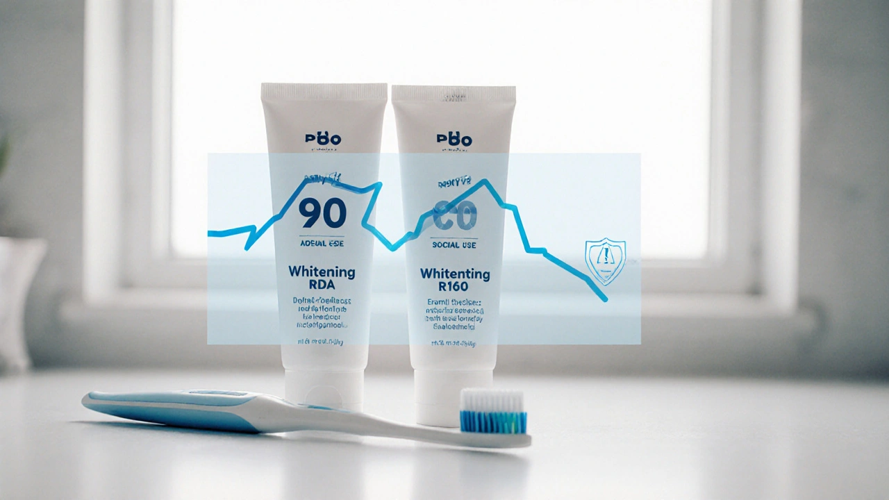 Dvě zubní pasty na stole s označením RDA a kartáčkem, symbolizující bezpečné a nebezpečné používání.