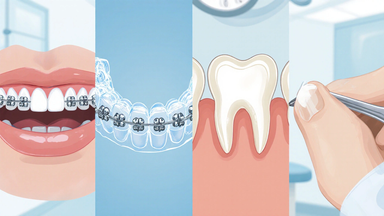 Ilustrace čtyř ošetření diastémy: kovové rovnátka, průhledné alignery, fazety a bonding.