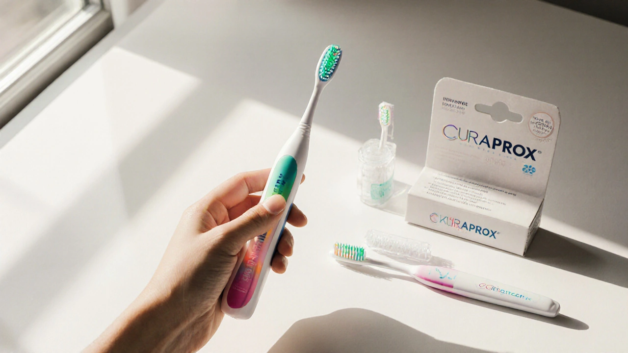 Kartáček Curaprox s barevným indikátorem a recyklovatelným obalem na stole.