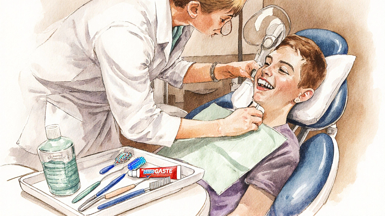 Ortońtolog kontroluje ústní hygienu pacienta s rovnátky.