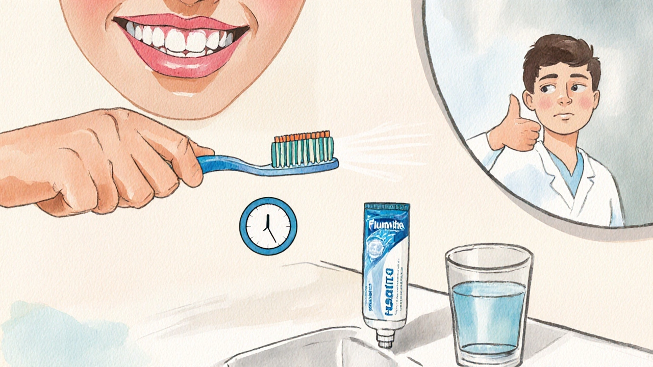 Osoba jemně čistí zuby nízkoperoxidovou pastou, vedle hodiny a úsměv dentisty.