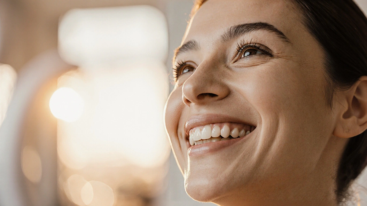 Osoba se směje s keramickou zubní protézou, bez viditelných kovových linii u dásní.