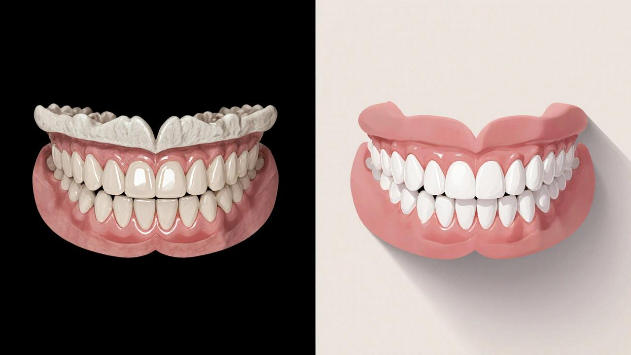 Porovnání keramických a plastových zubních protéz: přirozený vzhled versus uměle bílé zuby.