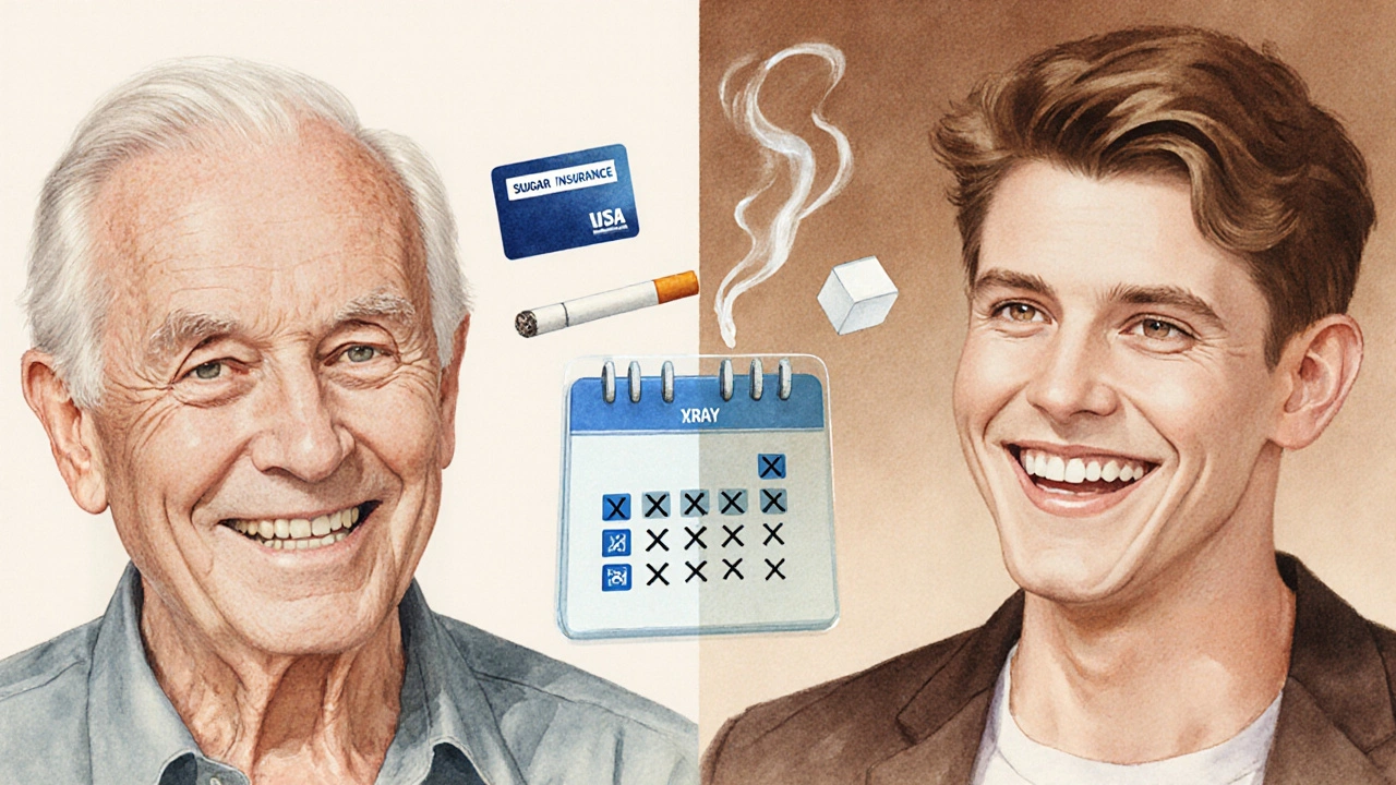 Rozdělená scéna ukazuje staršího i mladého pacienta, kalendář a faktory ovlivňující četnost rentgenu.