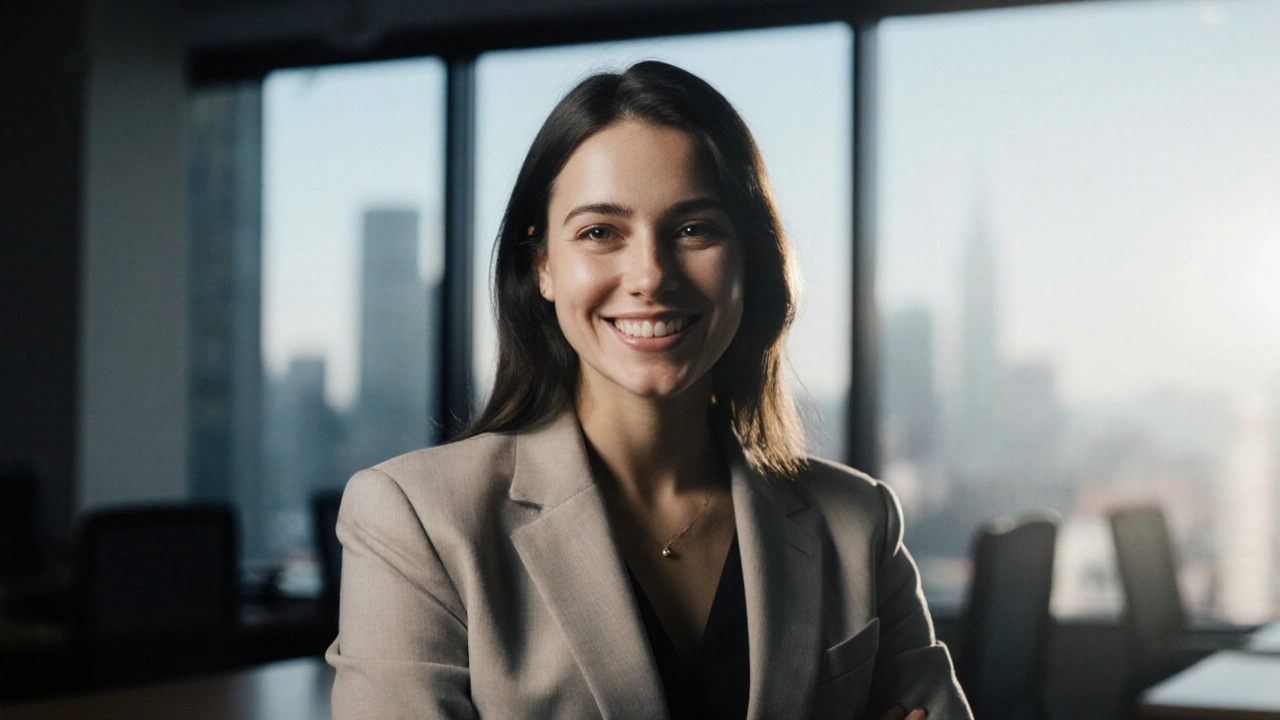 Sebevědomá žena v pracovním prostředí s úsměvem ukazujícím diastému jako součást značky.