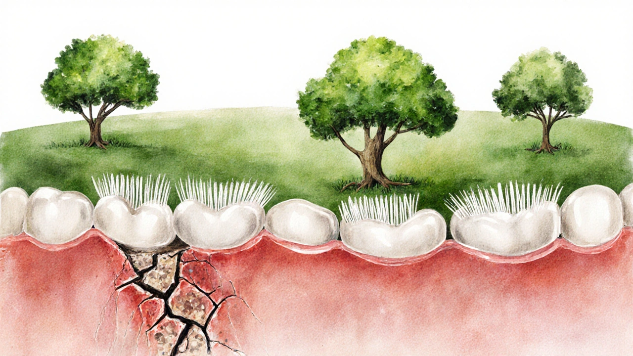 Zdravé dásně jako zelená krajina, čištěná jemnými štětinami proti zánětu.
