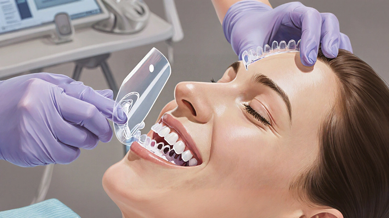 Zubař aplikuje individuální formy na zuby pacienta, chrání dásně a pečlivě kontrolovaně vkládá bělicí gel.