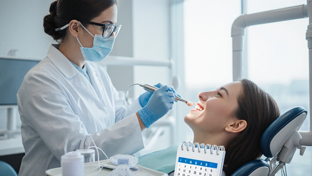 Zubař provádí dentální scaling, vedle leží zubní kartáček a kalendář s kontrolou.