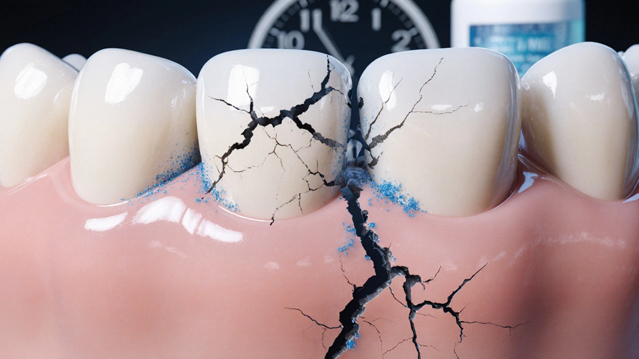 Zvětšený pohled na poškozený zubní email s mikrotrhlinami a pigmenty pronikajícími do struktury.