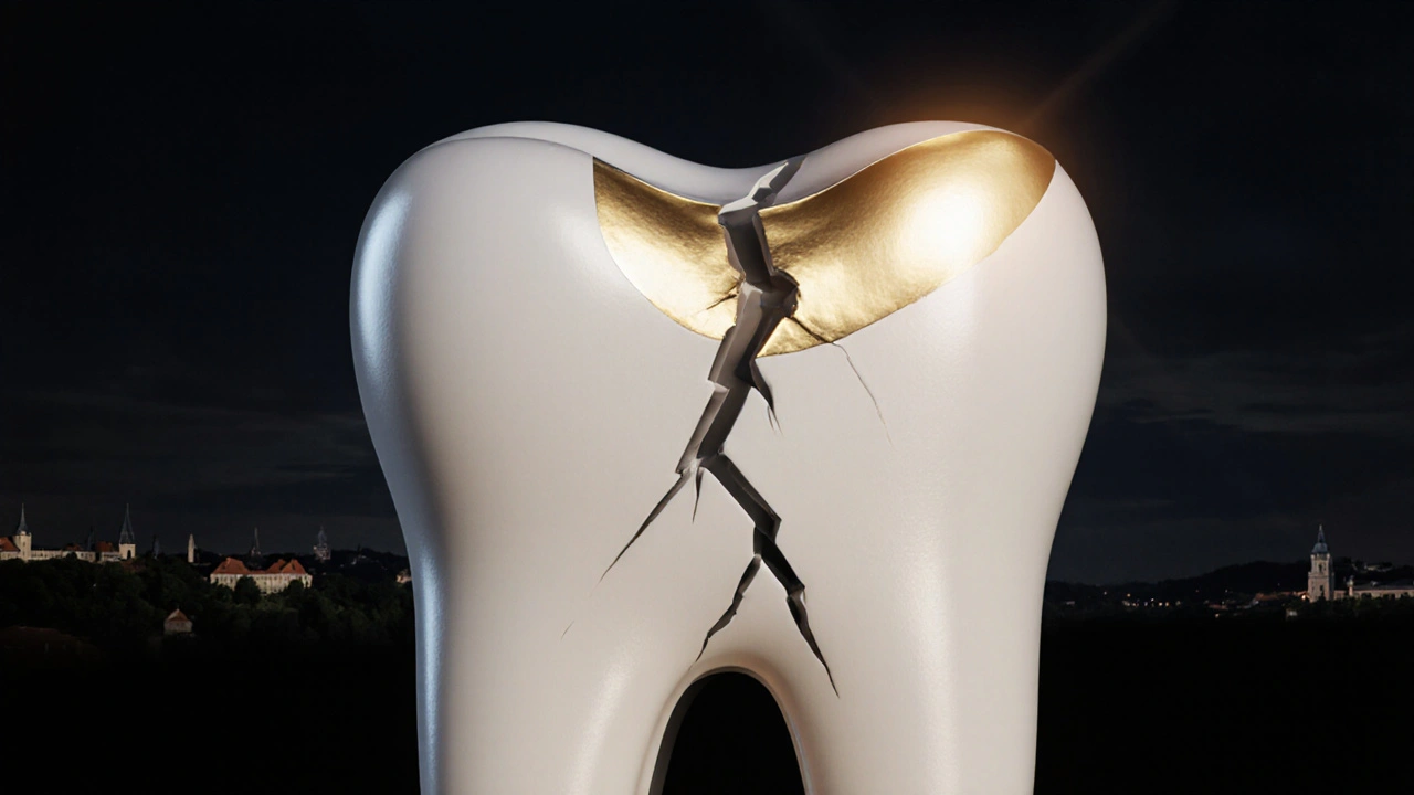 A cracked molar showing three possible outcomes: cheap filling, root canal, or durable ceramic inlay.