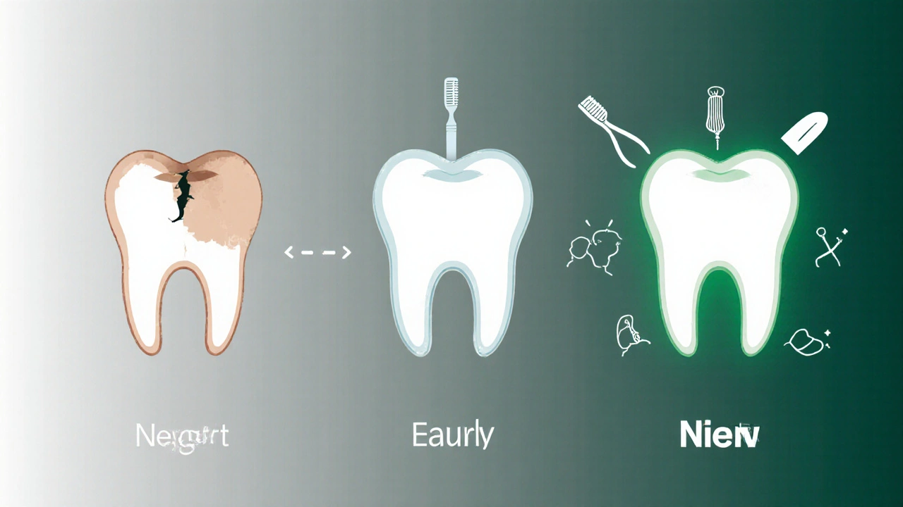 Časová osa ukazující přechod od dočasného přilepení k trvalé rekonstrukci a péči o zub.