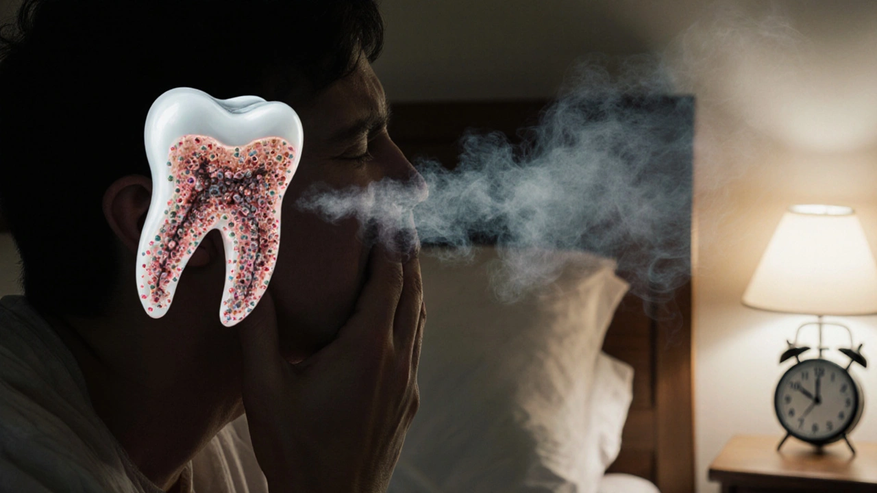 Člověk drží tvář v bolesti, s transparentním znázorněním infekce šířící se do čelisti a krku.