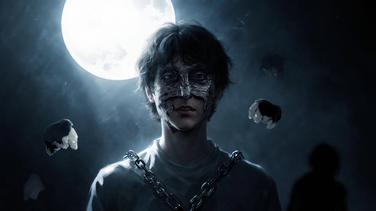 Člověk ve tmě, praskliny v úsměvu se mění v řetězy, symbolizující izolaci a zdravotní rizika.