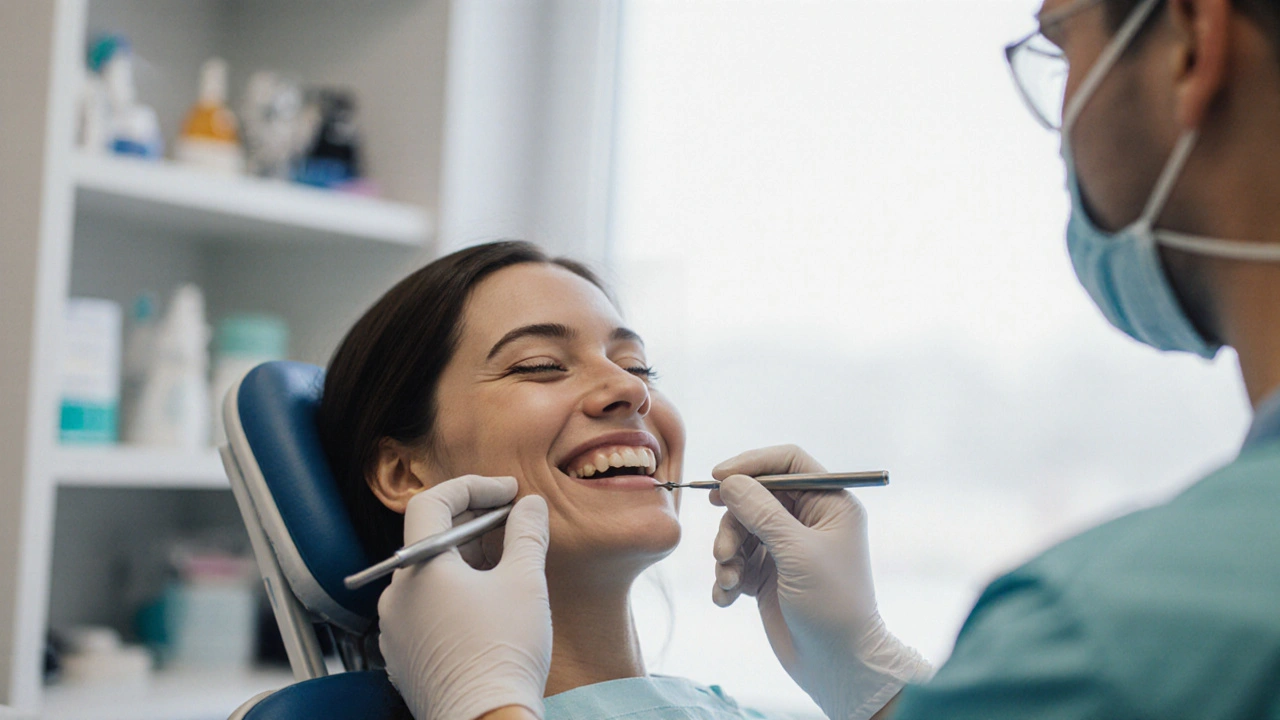 Dentista připevňuje porcelánové vložky na přední zuby pacienta.