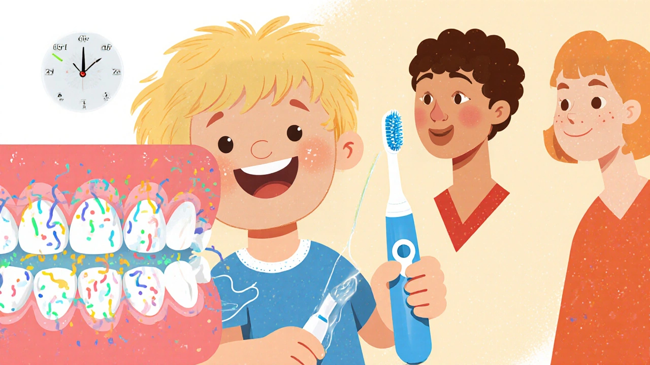 Dítě čistí zuby sonickým kartáčkem, plak se odstraňuje mezi zuby, časovač ukazuje dvě minuty.