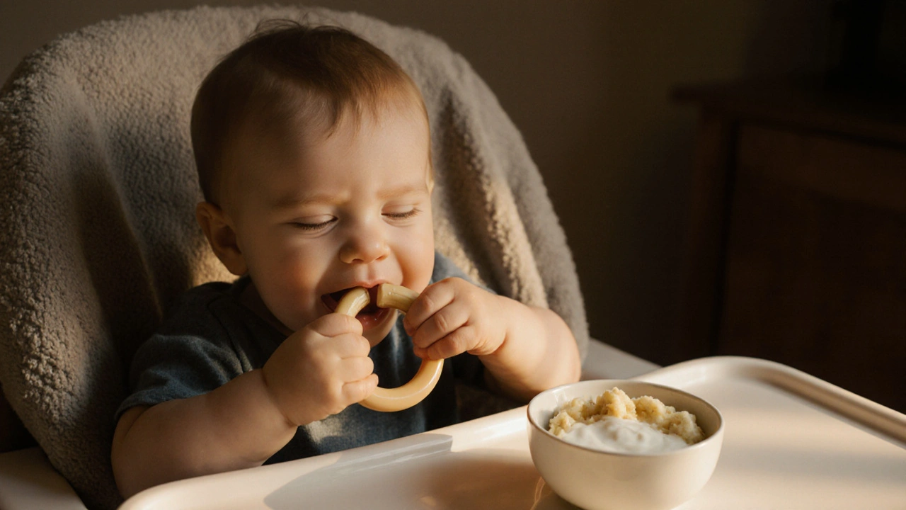 Dítě gryzoucí bezpečný zubní kroužek u stolu s chladným jogurtem.