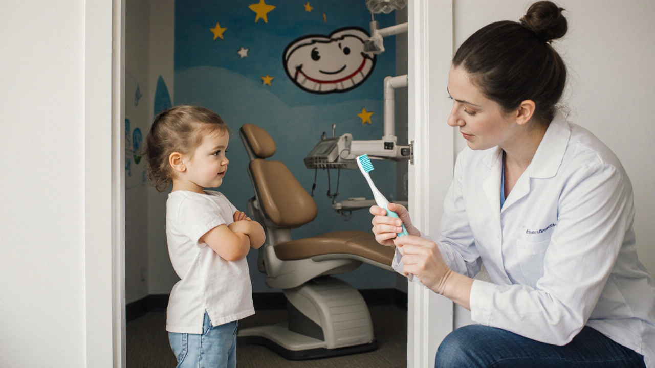 Dítě stojí u dveří v zubní praxi, zubař se k němu sklonil na úroveň očí, klidně a bez tlaku.
