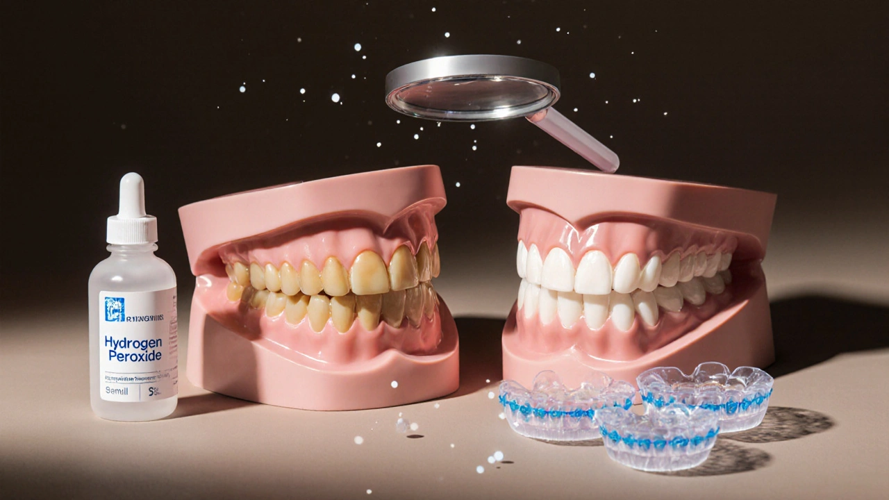 Dva modely zubů: jeden tmavý a jeden bělý, s gelem a šablonami kolem.