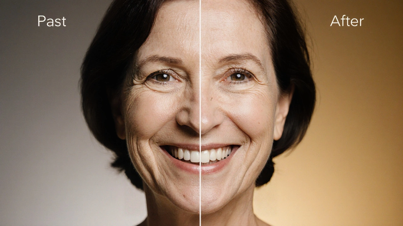 Dvojitý portrét ženy: jedna strana s nepřesným úsměvem, druhá s dokonalým po léčbě.