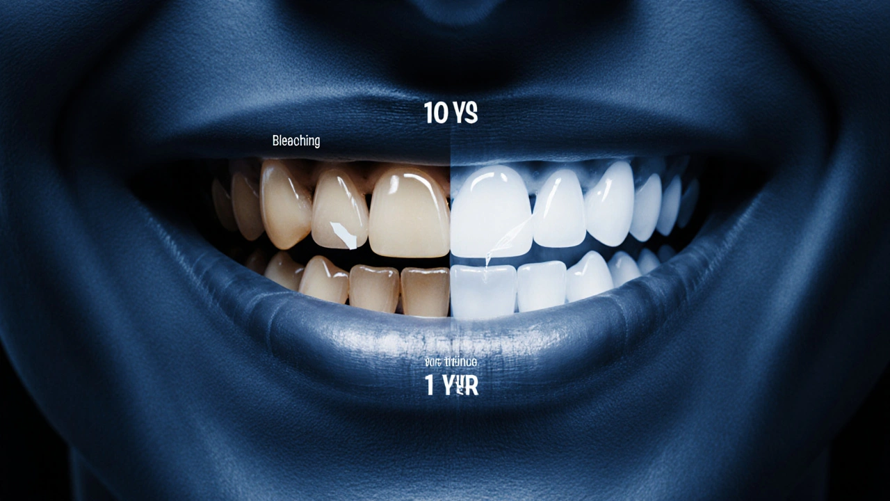 Hodiny v úsměvu ukazují dočasné bělení vs. trvalé keramické zuby.