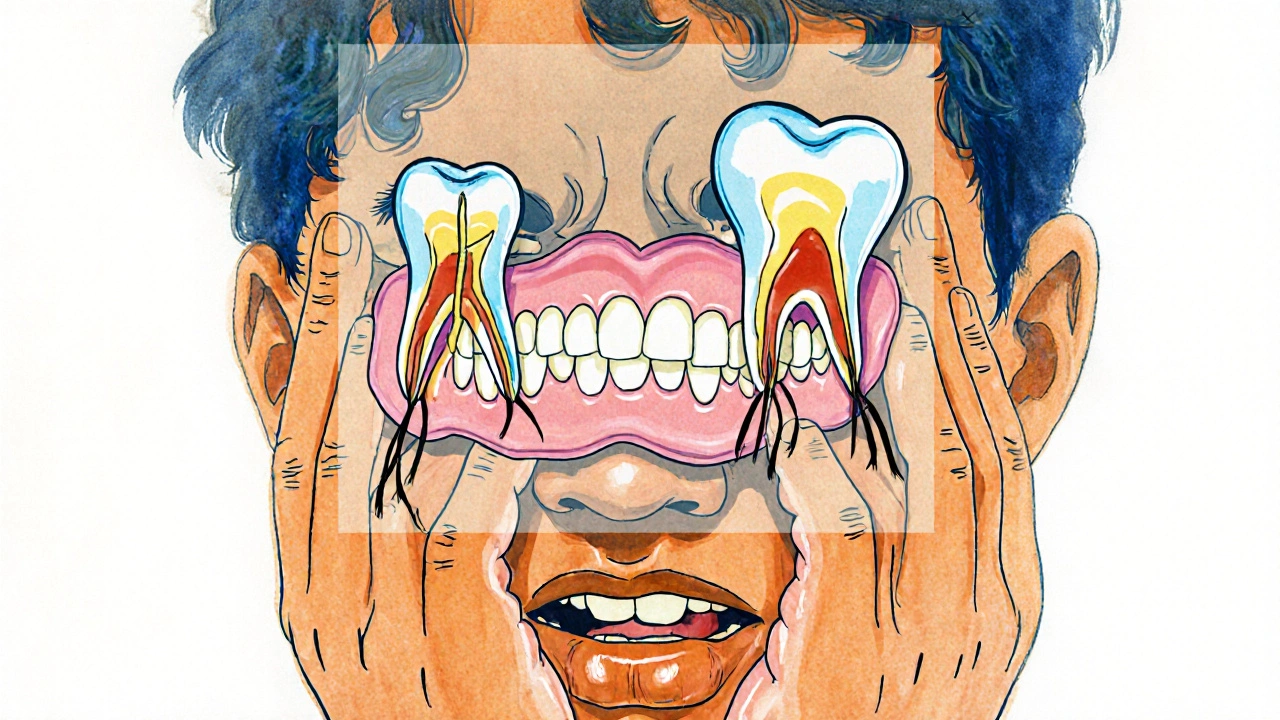 Ilustrace bolesti zubů s přehledem skrytých problémů v ústech a sinách.