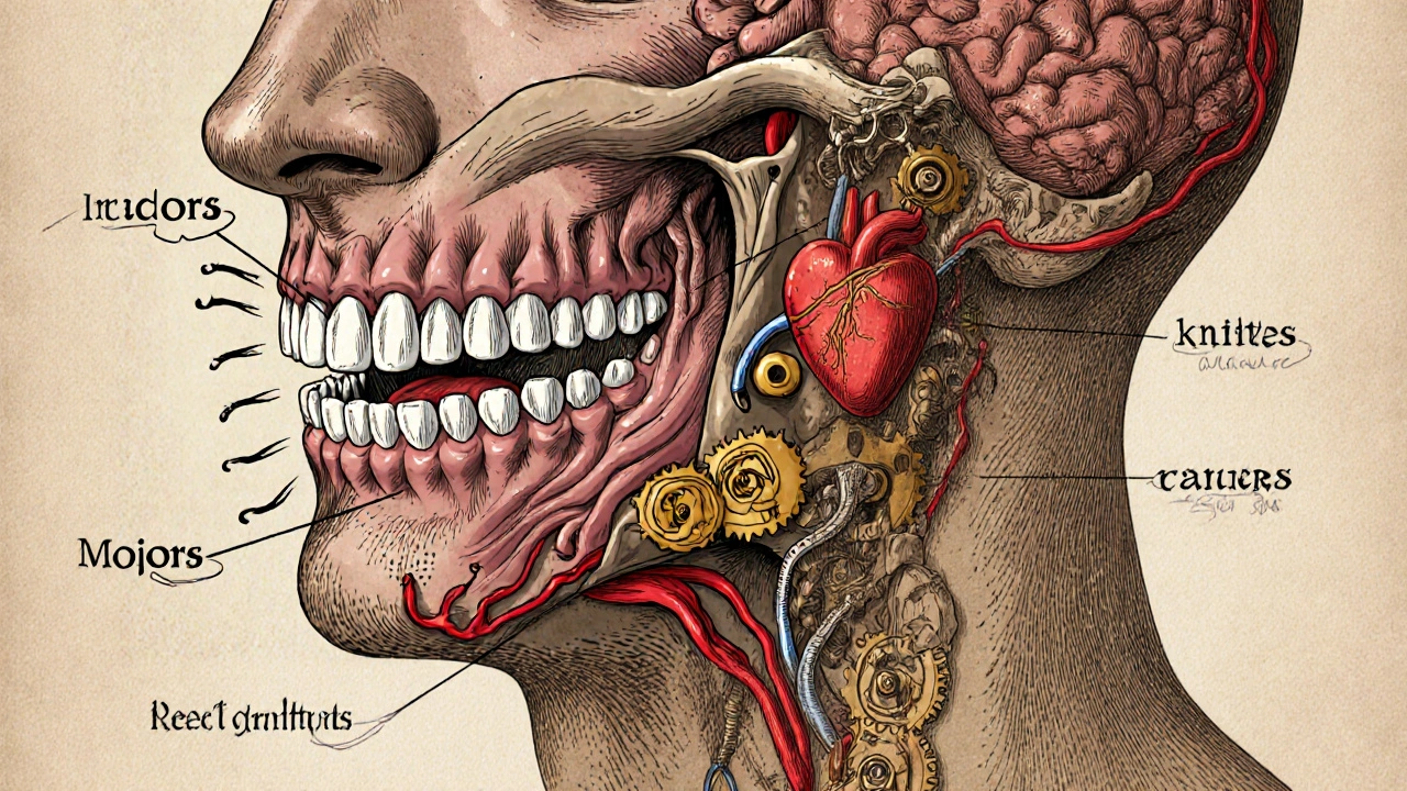 Ilustrace čelisti jako stroje s zuby jako nástroji, propojenými s srdcem a mozkem pro trávení a zdraví.