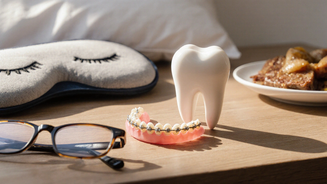 Keramická rovnátka na stole vedle masky na spánek, jídla a brýlí — symbol zdravějšího života.