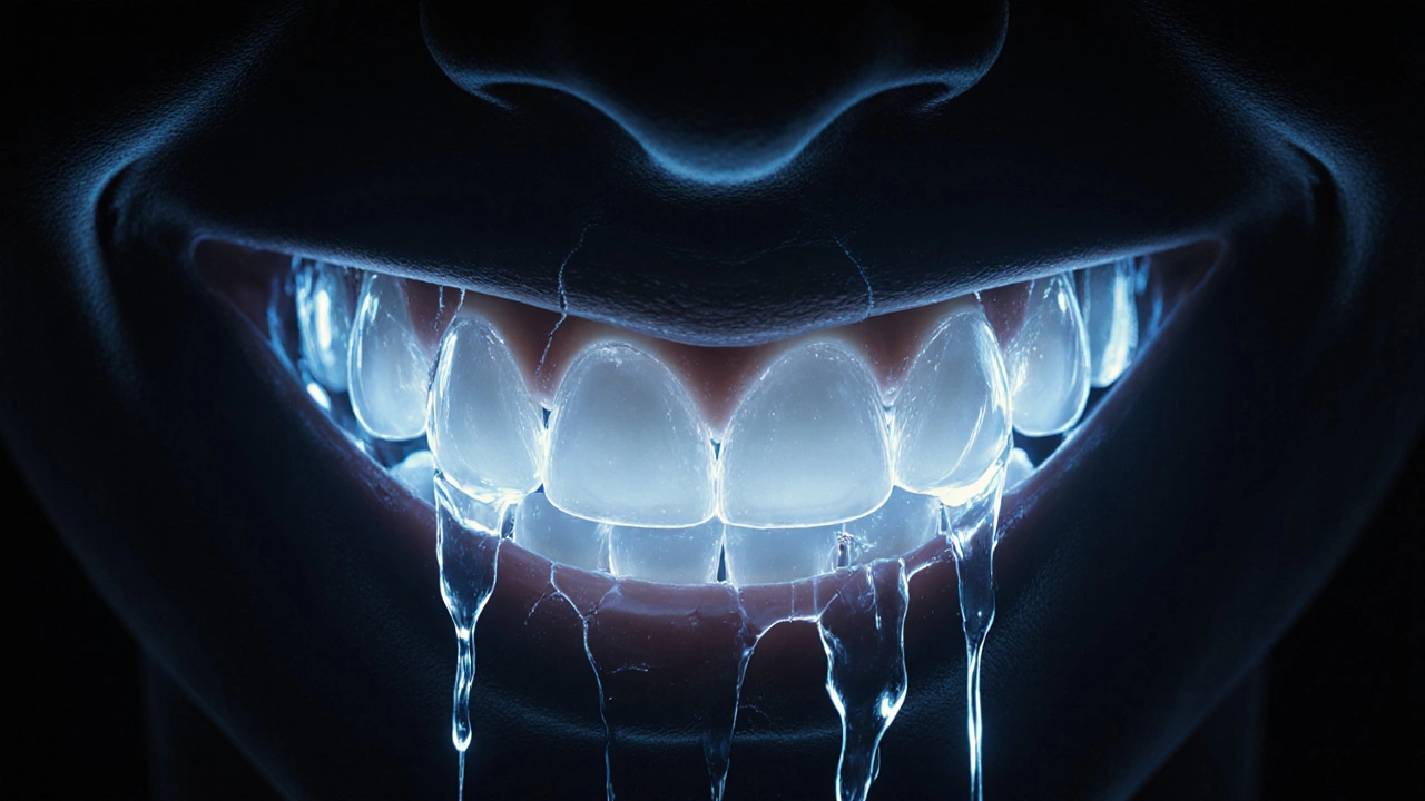 Konceptuální obrázek úsměvu s paprsky světla rozkládajícími tmavé skvrny v zubech.