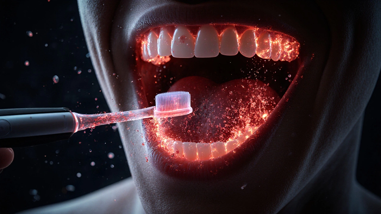 Konceptuální znázornění odstranění bakteriálního plaku z ústní dutiny.