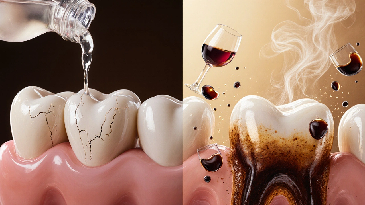 Kontrast mezi bělením s poškozenou sklovinou a trvalou keramickou korunkou.