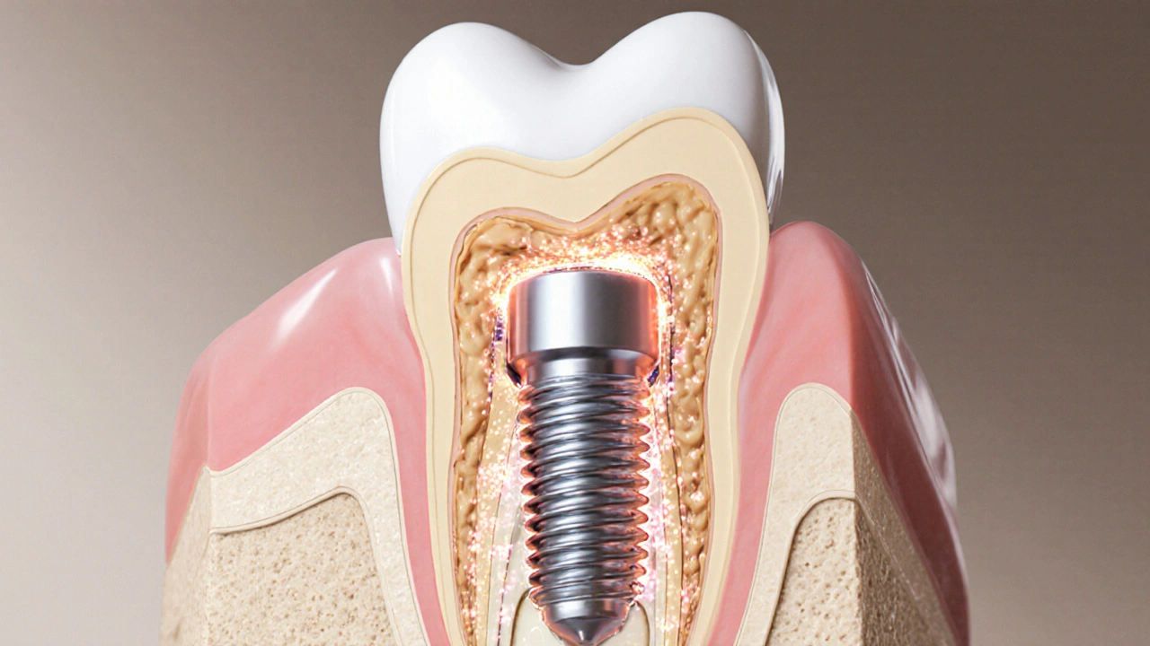 Křížový řez zubního implantátu spojeného s čelistní kostí s korunkou.