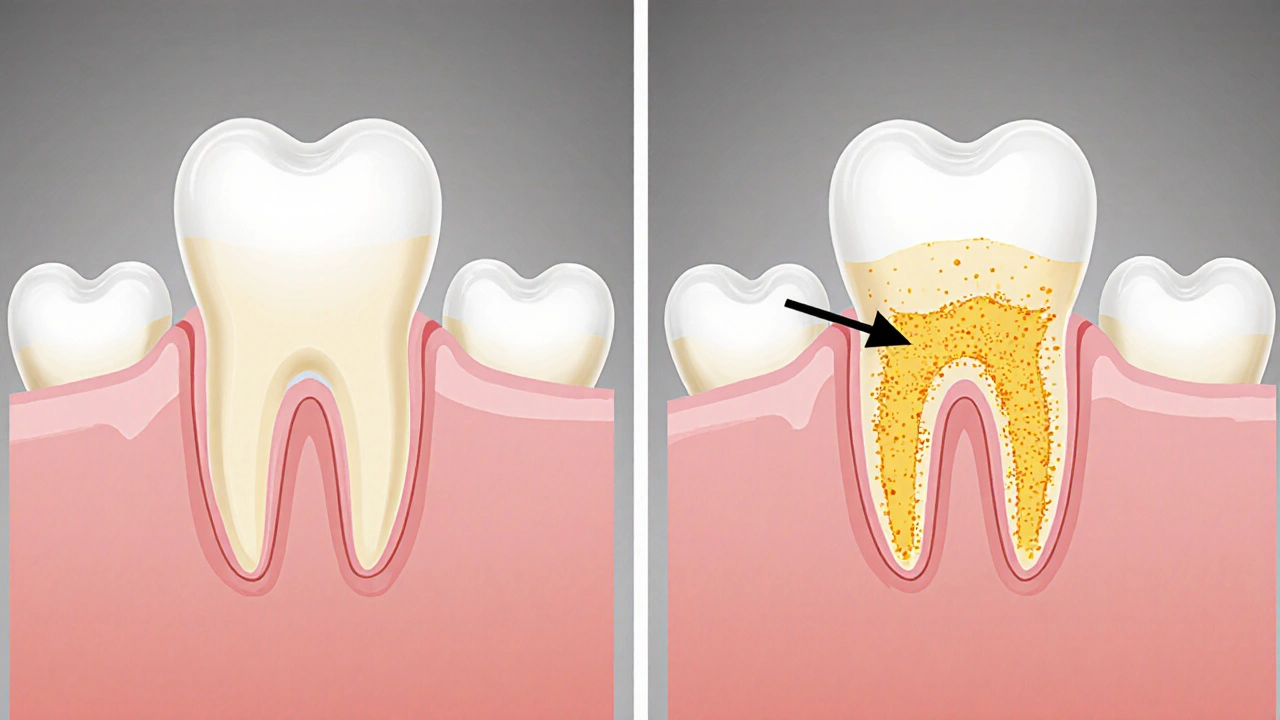Křížový řez zubu ukazující tenký email a odhalený dentin s stopami kurkumy.
