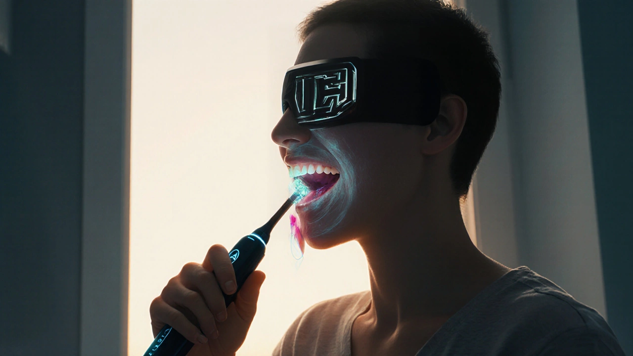 Osoba čistí zuby dvě minuty s elektrickým kartáčkem a používá zubní nit