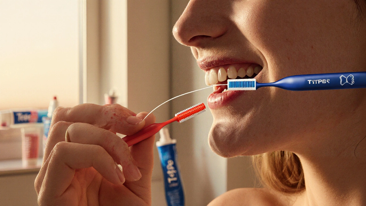 Osoba používá zubní nit a mezizubní kartáčky pro čištění mezi zuby.