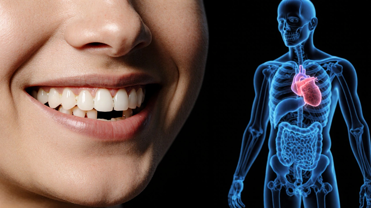 Osoba se smíchem, ale chybí jeden drtič, což způsobuje posunutí zubů a stínové projevy zdravotních problémů.