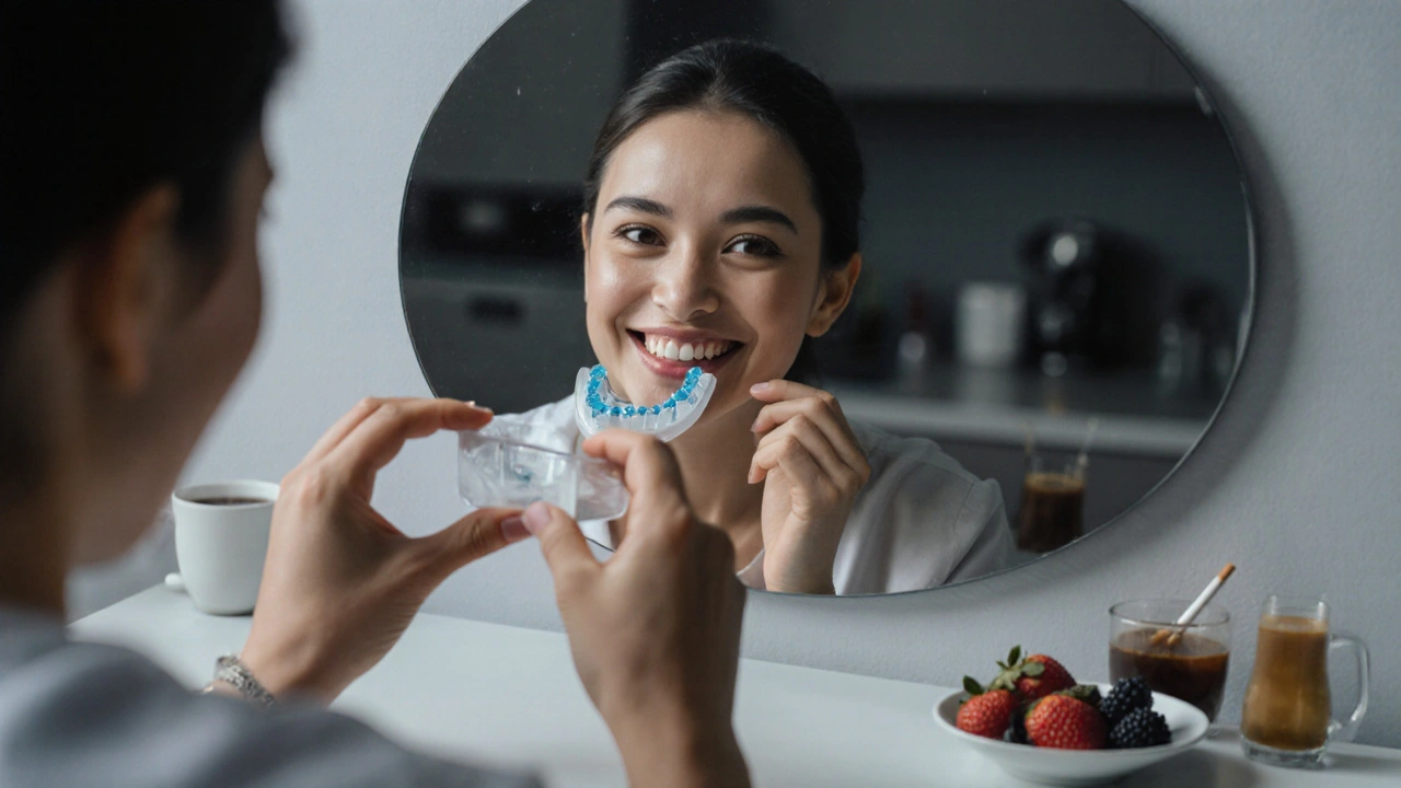 Osoba vkládá domácí vybělovací formu do úst, v zrcadle viditelný čistý úsměv.