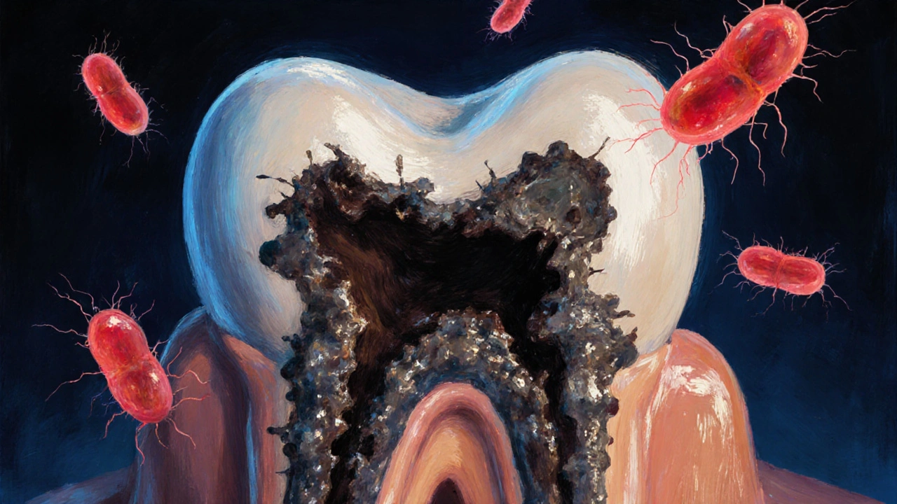 Otevřený zub s viditelným rozkladem a plakem pod vložkou.