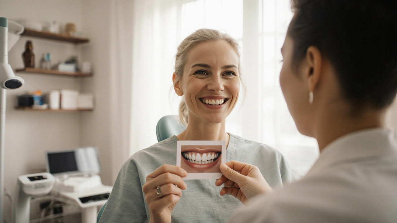 Pacientka se usmívá s předchozí a novou fotkou zubu v klinice v Olomouci.