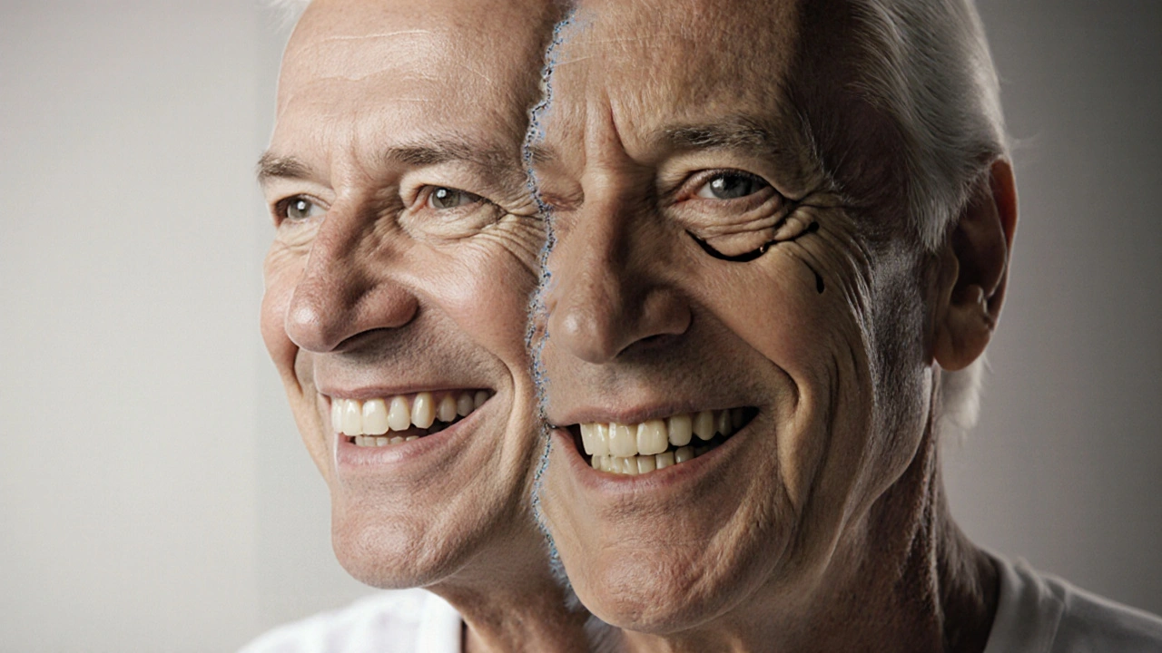 Porovnání zdravého úsměvu s tváří po ztrátě zubů a destrukci kosti.