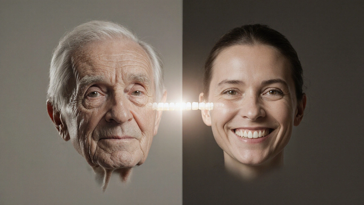 Postupná transformace tváře od chybějících zubů k plnému úsměvu.