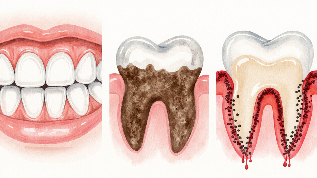 Postupný vývoj zubního kamene od plaku až po zánět dásní.
