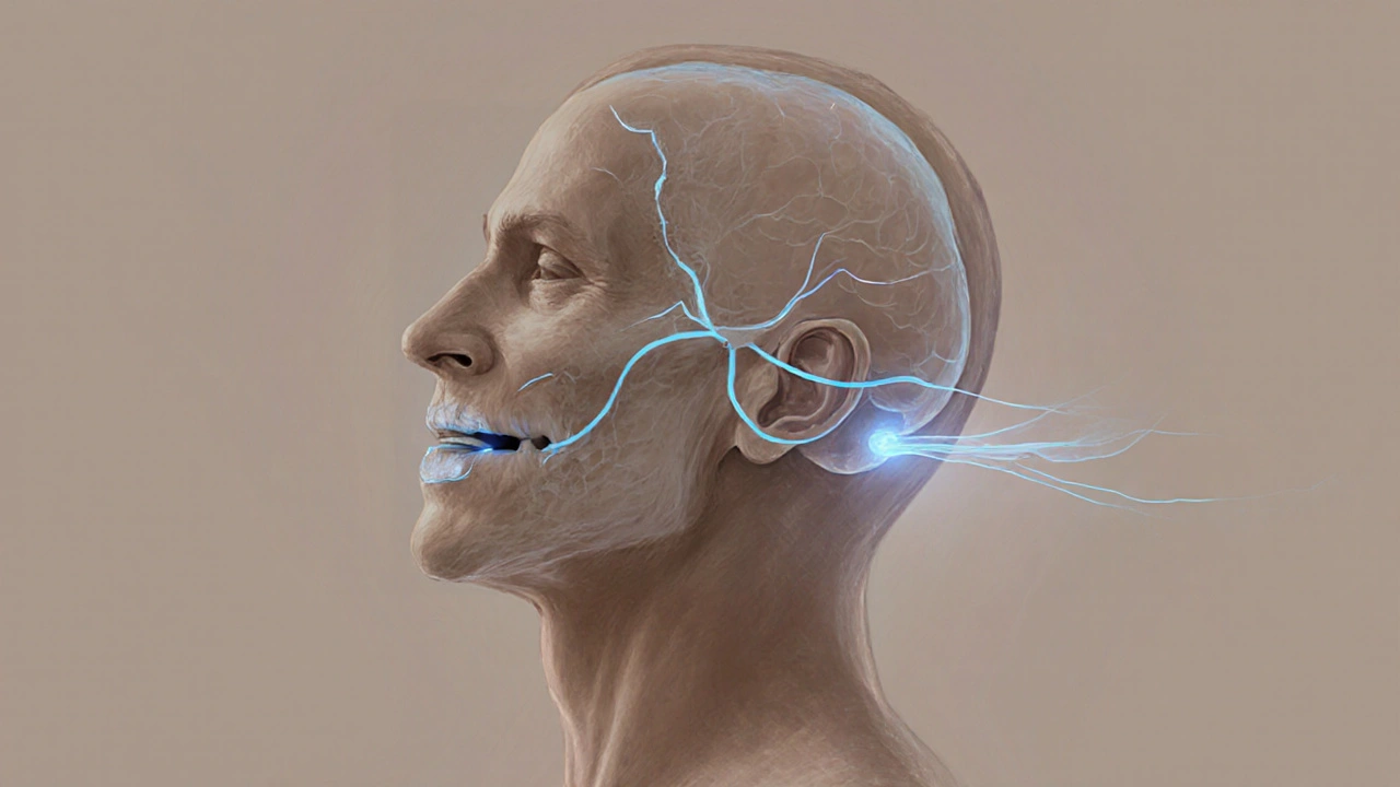 Přehledný profilový náčrt hlavy s viditelným vyrovnaným příkousnutím a zlepšeným průběhem dýchání.