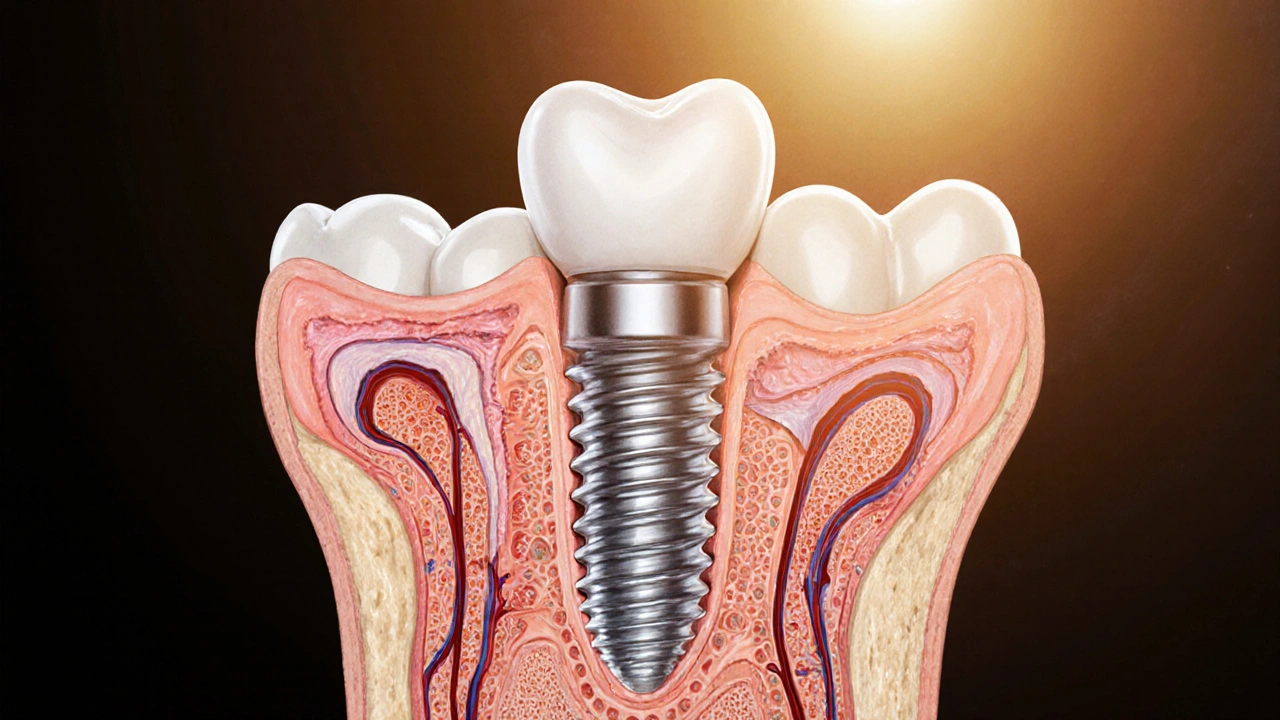 Příčný řez čelisti s implantátem integrovaným do kosti a korunkou.