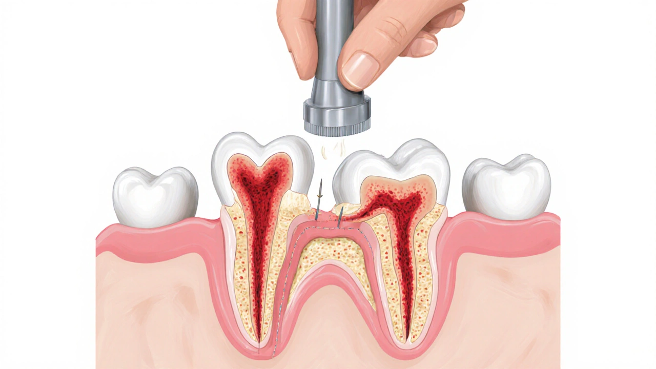 Příčný řez moláru s viditelnými kořenovými kanálky a vyplněním.