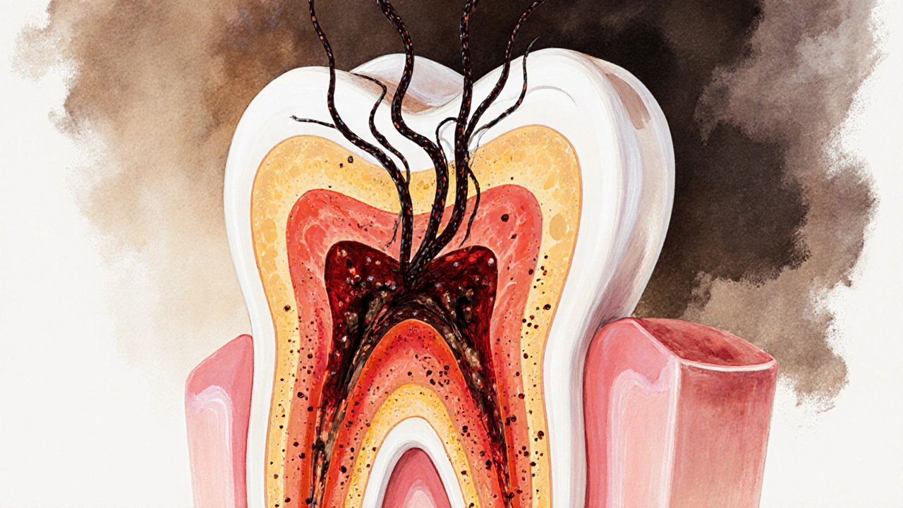 Průřez zubem s infikovanou pultou a šířícími se bakteriemi směrem ke kořeni.