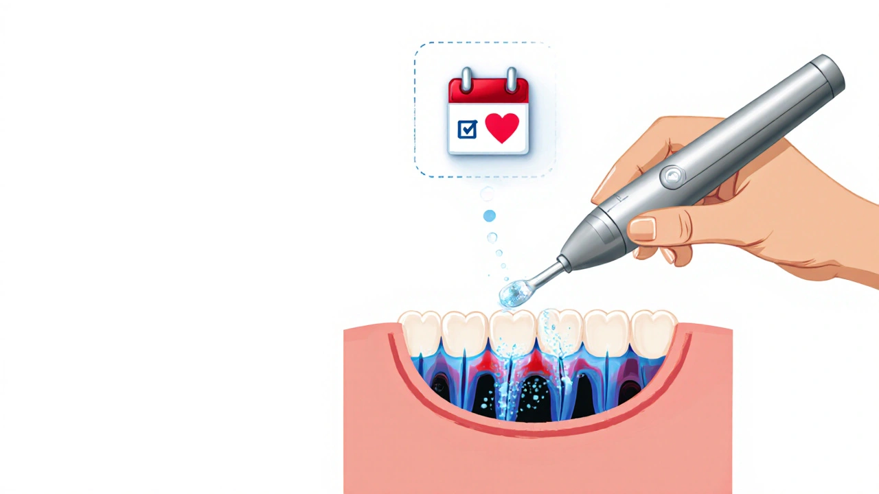 Rentgenový pohled na skrytý zubní kámen pod dásněmi s ultrazvukovým čističem a připomínkou pravidelných prohlídek.